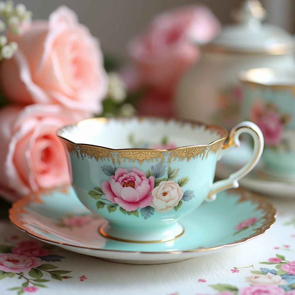 Ornate porcelain bowl with gold rim, delicate floral pattern of pink and white flowers on light blue background, intricate gold filigree details, soft focus, pastel colors, roses in background, floral fabric, vintage teacup style, high-quality studio photography, shallow depth of field