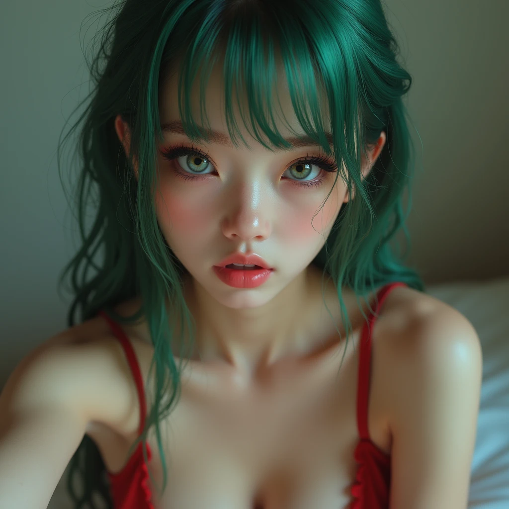 (Skin Texture:1.5),(Provocative smile:1.3),(Posing、Sexy long hair girl taking a selfie:1.5) ),(makeup),((two tone eyeshadow、eye liner、False eyelashes)),((Beautiful breasts with firmness))、toppless、Loose socks,(Watching the viewer:1.5),(Random hair color),(smooth bangs),(Random Color Shorthair:1.35),(Fancy underwear:1.4),green hair color,pale skin, oily skin, realistic skin texture,8K resolution, high detailed realistic skin
