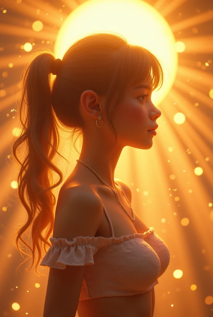 kiddy big breasts, adolable, sideface, Look at the sun, radiating with light, Romanticism, Op art, sparkle, god rays, ray tracing