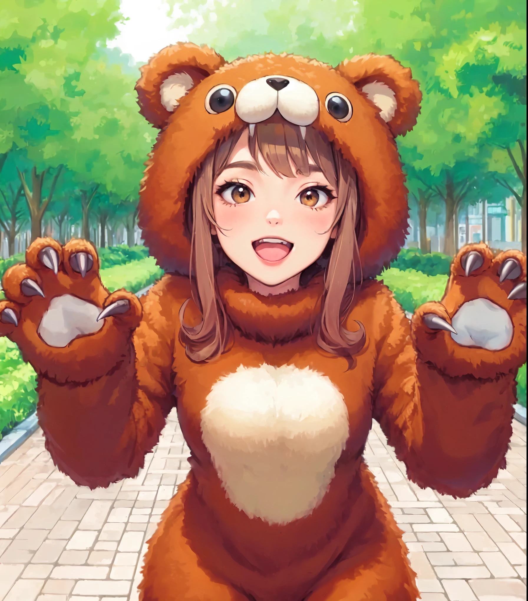 1lady solo, (brown bear costume:1.1), (hands up) (arms wide open) (fingers curled like claws:1.1), (claw posing), (mature female:0.8), /(beige brown hair/) bangs, blush kind smile, open mouth (teeth:0.8), (masterpiece best quality:1.2) delicate illustration ultra-detailed, large breasts BREAK (ordinary urban park) outdoors, noon, trees