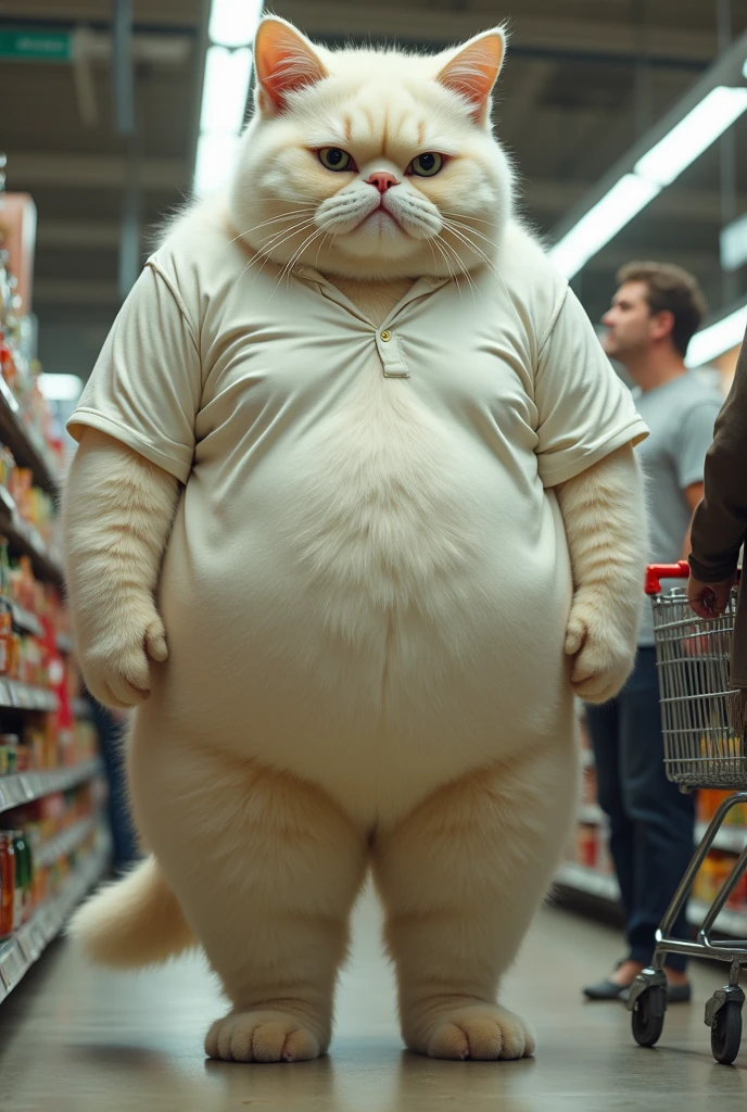 A depressed, overweight cat which looks like a human, standing on two legs, white fur, the cat is very stought, full picture, standing at an impressive 7 feet tall! Went to supermarket market. More, increase the height and weight. In supermarket. Buying food, wearing a large shirt.  All the other people laughing at the cat due to his weight 