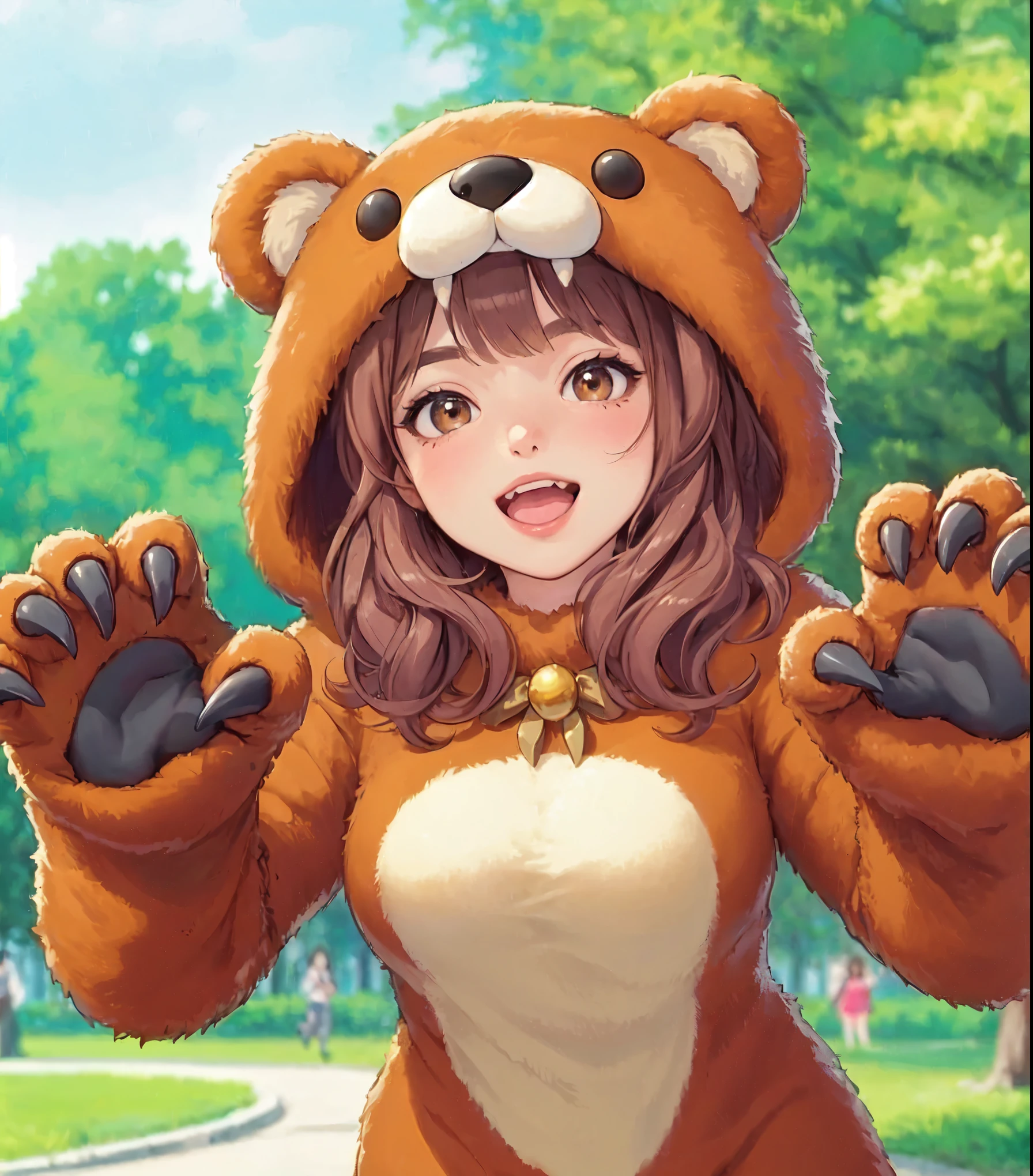 1lady solo, (brown bear costume:1.1), (hands up) (arms wide open) (fingers curled like claws:1.1), (claw posing), (mature female:0.8), /(light brown hair/) bangs, blush kind smile, open mouth (teeth:0.8), (masterpiece best quality:1.2) delicate illustration ultra-detailed, large breasts BREAK (ordinary urban park) outdoors, noon, trees