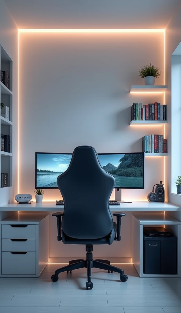 A minimalist gaming room where every element is carefully selected. A sleek, ergonomic gaming chair is paired with a dual-monitor setup on a clean, white desk. Shelves are sparsely decorated with neatly organized video game cassettes and a few key collectibles. The lighting is soft and subtle, with hidden LED strips that add a calming effect. The sound of rain outside enhances the minimalist atmosphere, making the room feel like a peaceful gaming sanctuary.