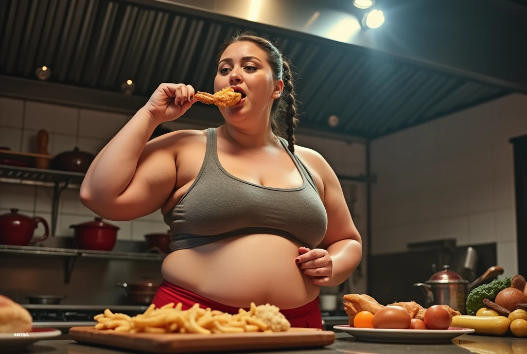 fat muscular woman Eating contest,in kitchen stadium