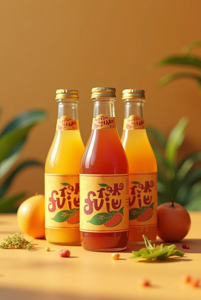 Modélise moi une image 3d de trois bouteilles de jus et quelques fruits posé au pied des bouteilles, avec le nom Afrika Jus inscrit sur les étiquettes collé sur les bouteilles, dans un jolie décor.