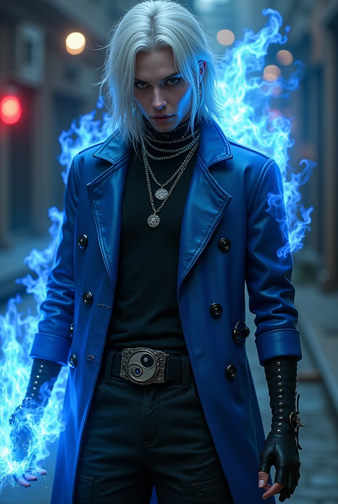 Male age 20, greman, crazy smile, gray eyes, white hair visual kei, evil eyes, long crazy smile, royal blue and black leather matrix long gabardine open, soft black t-shirt, black cargo pants, only right arm on blue flames, cyberpunk japanese style, belt with a blue ying yang, chains around the belt, athletic, magic powers, action, cunning look, leather black boots with metal pins, black cat nails, green lantern pose, black night background, uncovered head