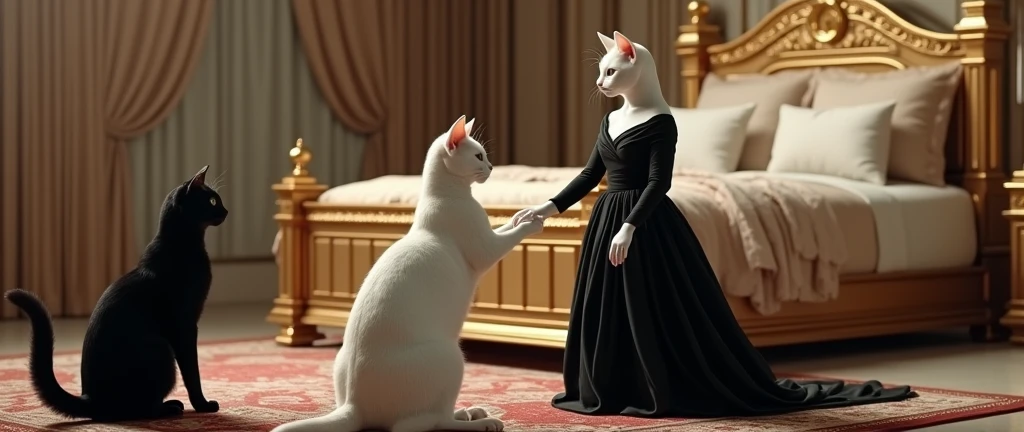 The white cat, IN A BLACK DRESS, it's in the bedroom, showing the luxurious bed to the black cat, who watches her closely. Their postures are refined and human, as if they were participating in a guided tour.