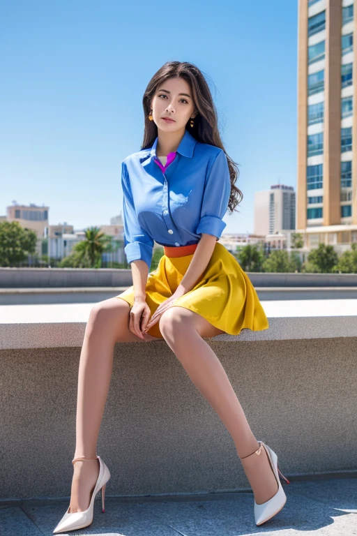 Colorful collared shirts、(Midi Skirt:1.2) 、Full Body Portrait、silk pantyhose、Sitting、Both legs and high heels look beautiful.、1 girl、Perfect body,Two well-balanced legs、 Perfect hands, Perfect Face, Perfect Eyes, Accurate,(Perfect Anatomy, Anatomically correct), Perfectly clear and sharp focus、Large Breasts、Modern architecture in the background、((Highest quality、Ultra-high resolution、masterpiece))