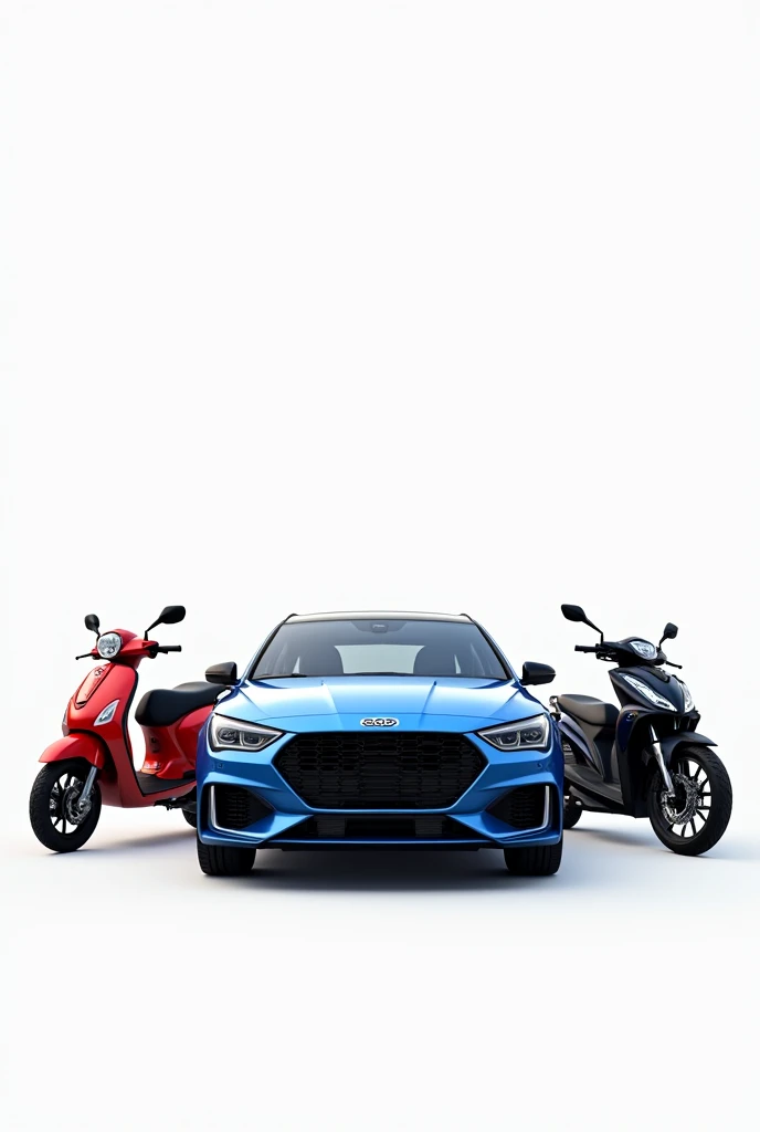 Generate the realistic image of black colour bike blue colour car and red colour scooter and make car in the middle facing straight, bike in the right side and scooter in the left side. In white background