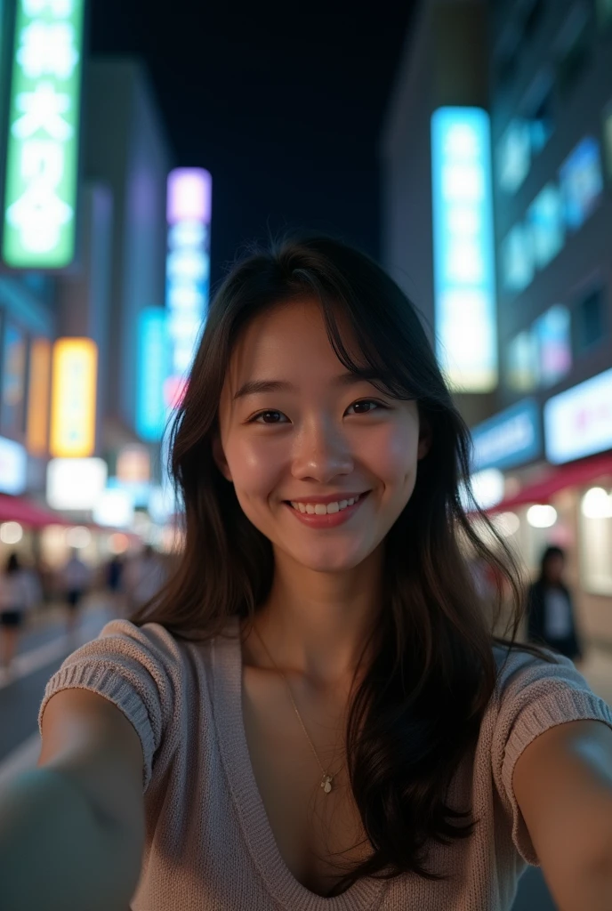 Office district at night。A fair-skinned young Japanese woman wearing a short-sleeved summer knit。Sexy chest。Smiling。Selfie-style image taken with hands outstretched。