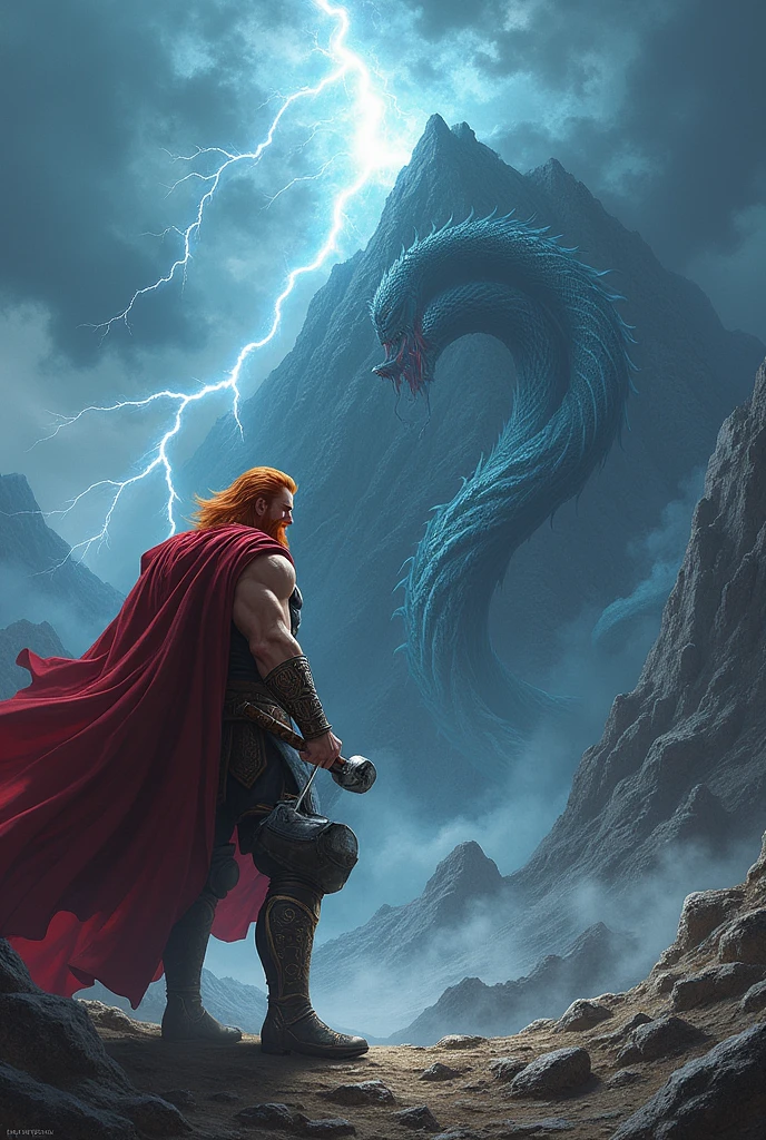 A man from norse mythology named thor with red hair and red beard with a hammer in his hand, thunder cracking and mountain at the background, fought midgard serpent