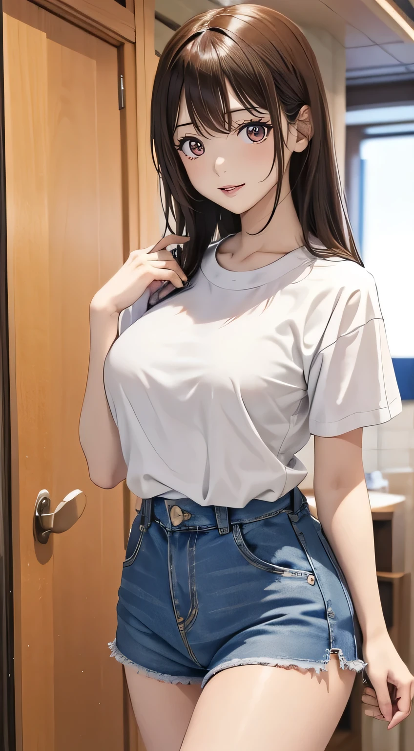 The upper body of a young woman is displayed on the screen of a smartphone。young woman with long dark hair, (Ample breasts). He is wearing a short-sleeved white T-shirt and denim shorts,