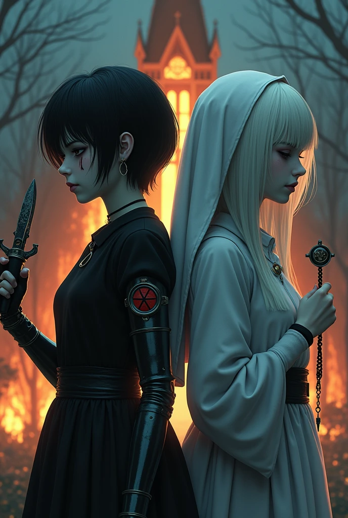 Two realistic albino girls, back to back left with violet violet eyes, black short hair, cut on the face, steampunk arm prosthesis with pentagram, exalting suffering, right with white nun clothes long white hair, eyes closed in sadness with a rosary, flames at night.