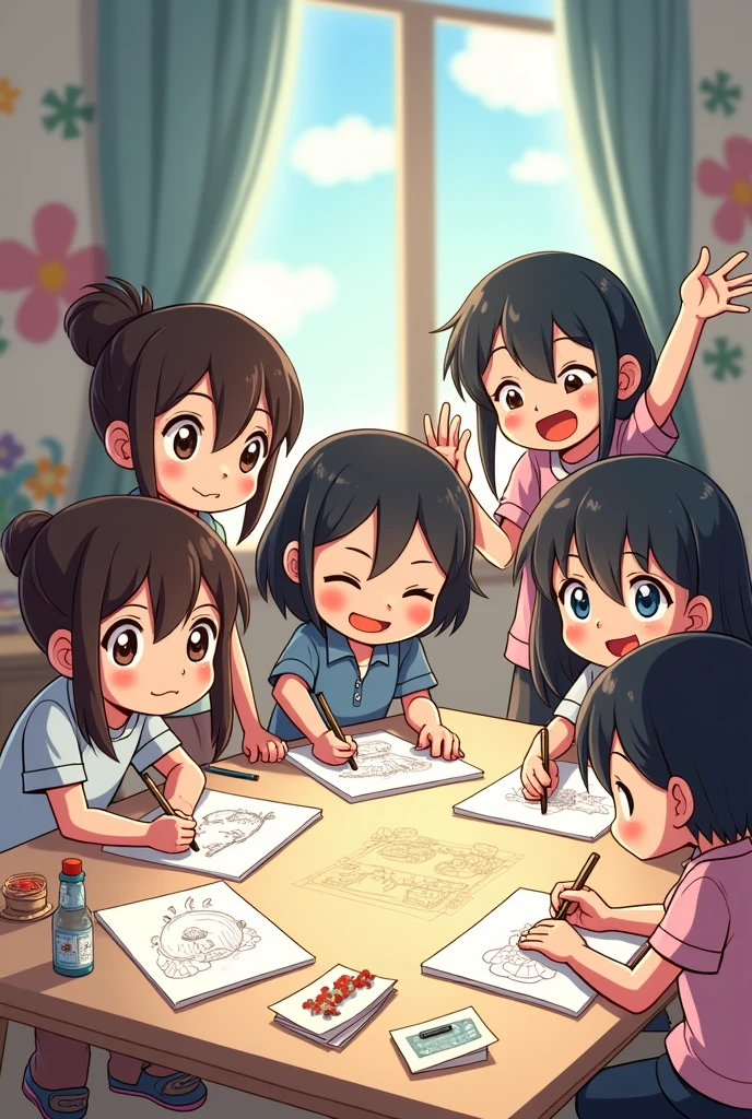 A group of people drawing, chibi anime