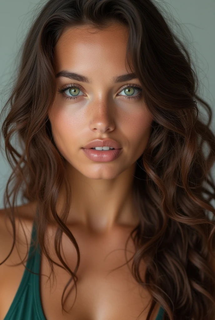 Belle fille aux cheveux longs ondulés, Vêtements de sport. Avec un legging noir. La photo a peut-être été prise de manière à ce que nous ne voyions que son visage, comme sur une photo d'identité.. Elle a les cheveux longs et bouclés. Elle a du vert. et de grandes lèvres. Elle a une peau bronzée et est mignonne. elle est belle