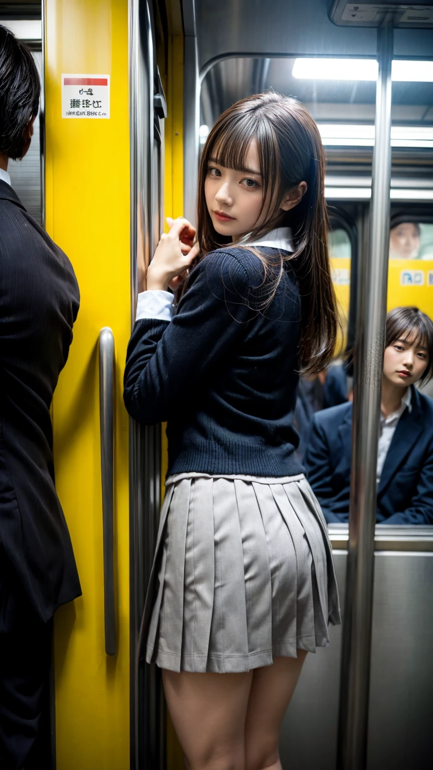 masterpiece, top quality, one girl, super cute, cute, loli, tears, crowd, crowded train, molested, white shirt in blazer, checked skirt, 5 men standing behind girl