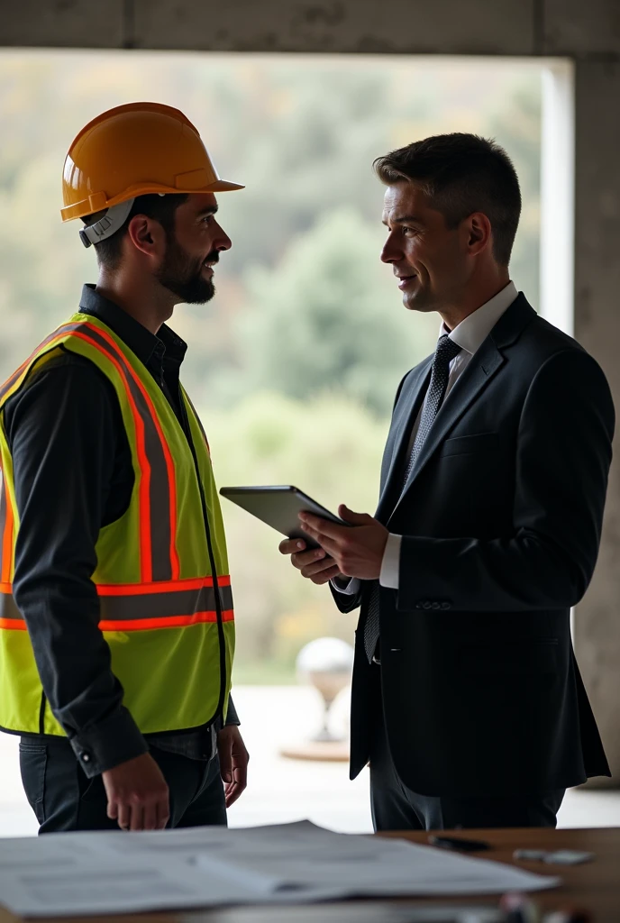 generate an image: two people standing in front of a table. The person on the left is wearing a high visibility vest with reflective strips and a safety helmet., suggesting that it may be on a construction site or in an industrial setting. This person is wearing a black suit and is holding a tablet.. They are involved in some kind of discussion or work, possibly reviewing plans or documents laid out on the table.