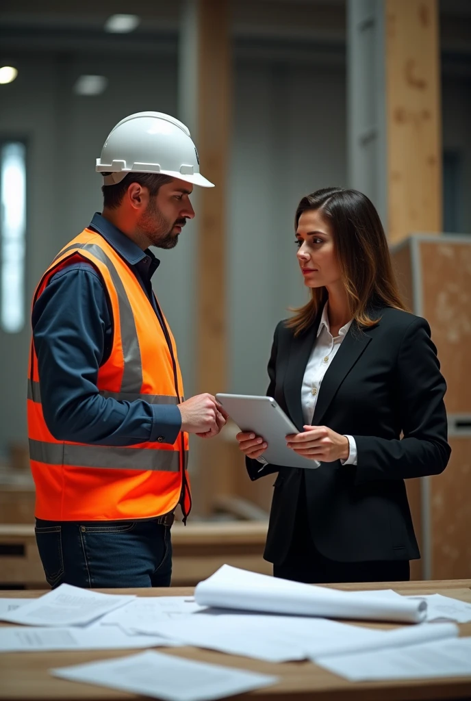 generate an image: two people standing in front of a table. The person on the left is wearing a high visibility vest with reflective strips and a safety helmet., suggesting that it may be on a construction site or in an industrial setting. This person is wearing a black suit and is holding a tablet.. They are involved in some kind of discussion or work, possibly reviewing plans or documents laid out on the table.
