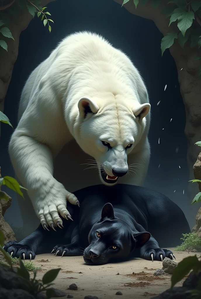Black panther versus white bear and white bear defeated Black panther and black panther is sleeping bed on the floor and white bear is standing by opening his mouth on the black panther