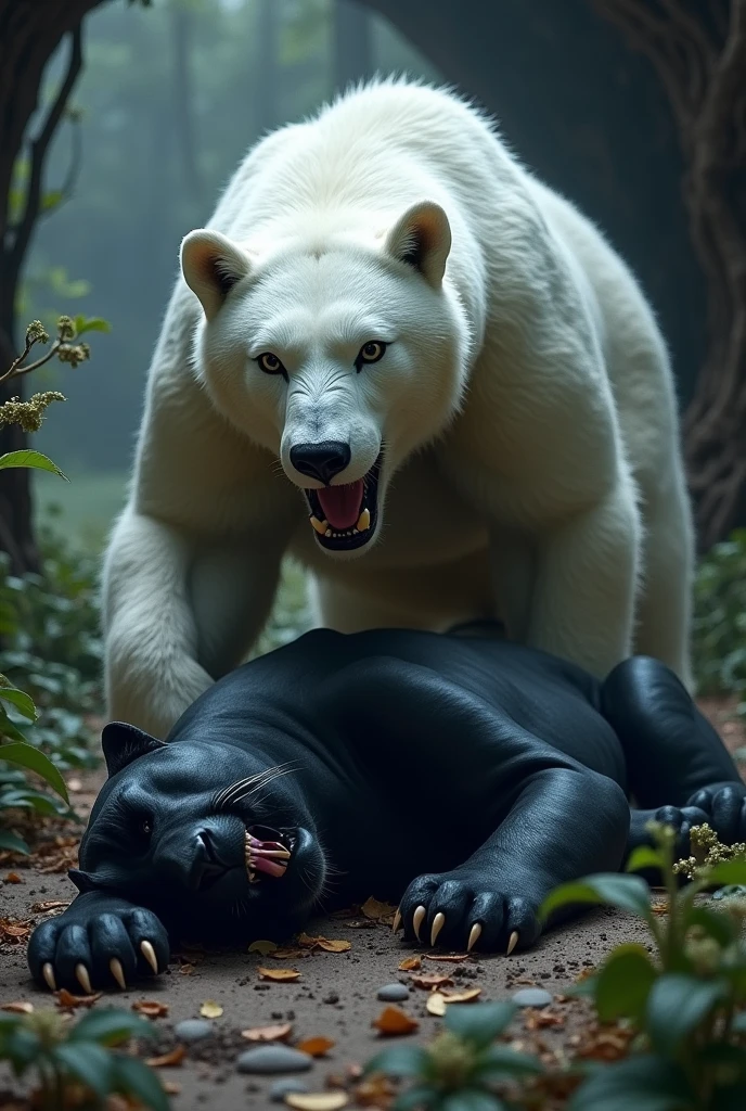 Black panther versus white bear and white bear defeated Black panther and black panther is sleeping bed on the floor and white bear is standing by opening his mouth on the black panther 