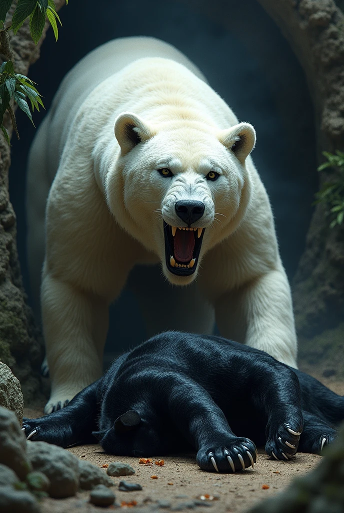 Black panther versus white bear and white bear defeated Black panther and black panther is sleeping bed on the floor and white bear is standing by opening his mouth on the black panther