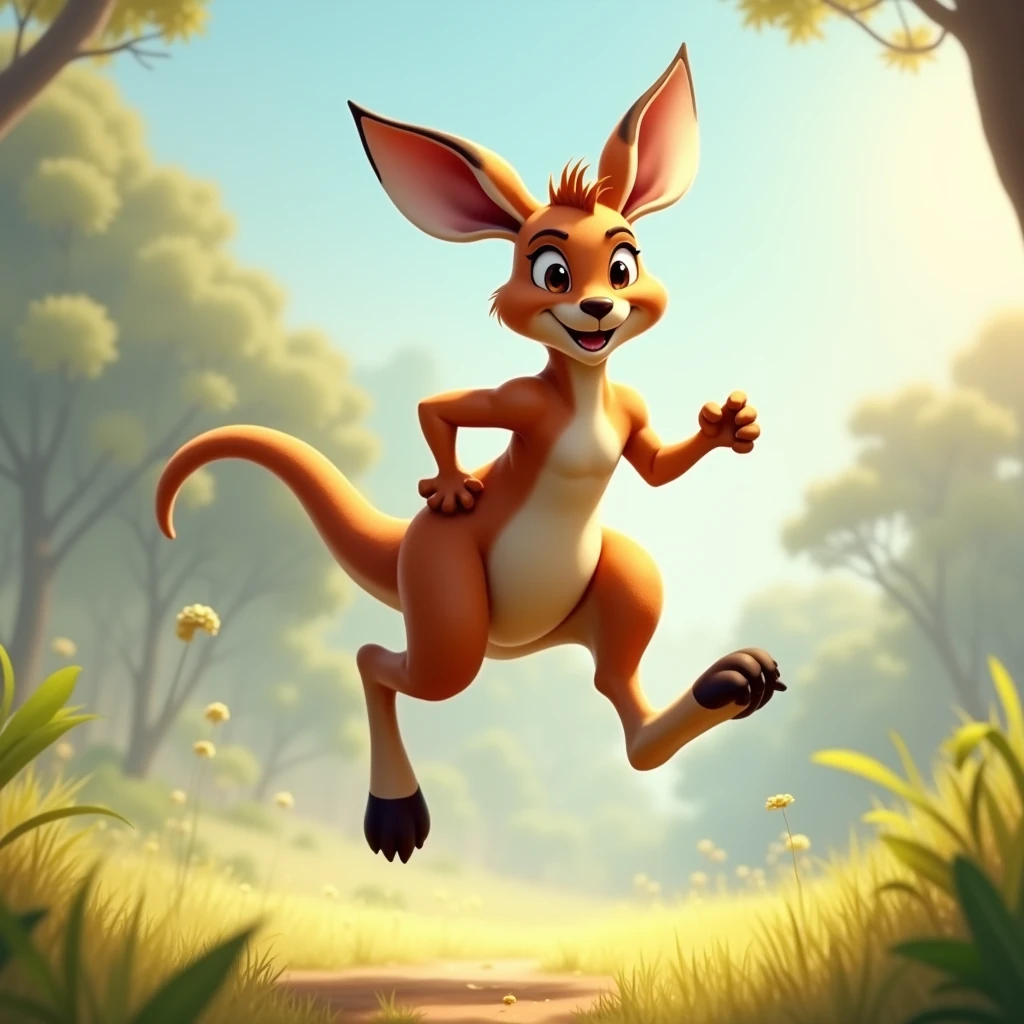 A kangaroo in mid-hop, with its tail raised and a joyful expression.