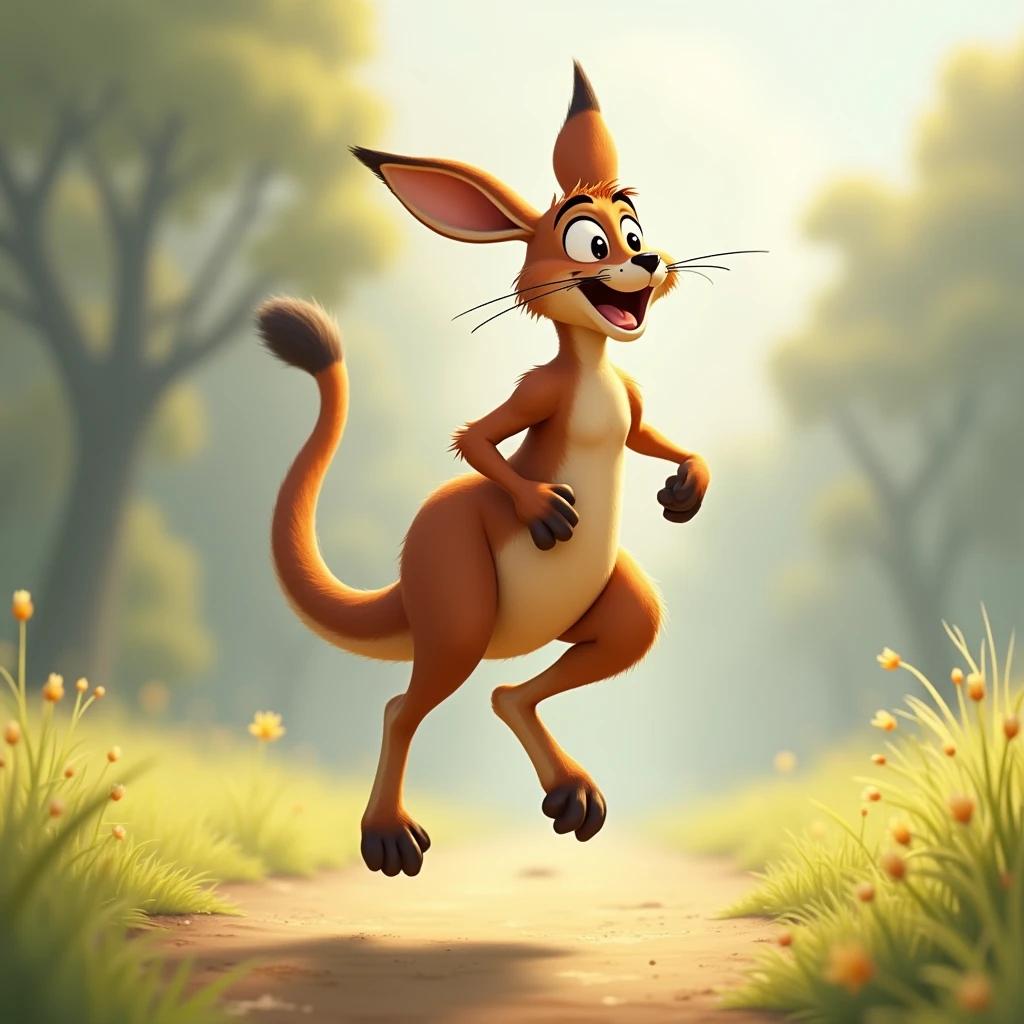A kangaroo in mid-hop, with its tail raised and a joyful expression.