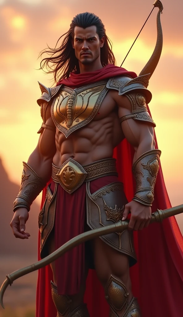 "Generate an image of Lord Karna super ultra hd quality animated, the legendary warrior from the Mahabharata, with the following details:
- Standing pose with his iconic bow and arrow
- Wearing his signature armor with a golden breastplate and a flowing cape
- His face showing a strong sense of determination and courage
- His eyes gleaming with a fierce inner light
- His hair flowing in the wind, with a few strands framing his face
- Background: a subtle, gradient sunset with hues of orange, pink, and purple
- Lighting: warm, golden light highlighting his armor and face
- Expression: confident, fearless, and powerful
Include intricate details on his armor, bow, and arrow, reflecting his noble and heroic character."
Let me know if you need any further details!