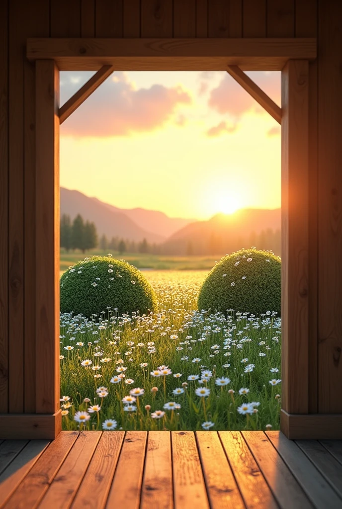 I'm on the balcony of a wooden house and in front of me there are 2 mounds full of daisies and the sun is setting behind the mounds.