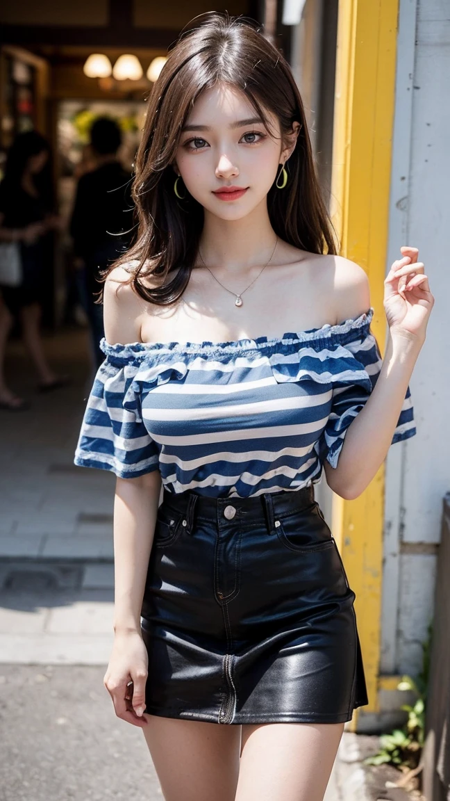 ((Photographed with wall art in the Kakaako area in the background)), (Standing by the wall art), (masterpiece:1.3), light makeup, red lips, beautiful hair, Black hair, (Medium hair:1.3), elegant, soft lighting, Very fine details, masterworks, authentic texture, perfect work, (1 girl), (One Woman), 16k, high resolution, exquisite features, brown eyes, (Ultra-high resolution eye:1.1), Japanese idol, beautiful face, ((artists work)), (photorealism:1.2), (gentle smile like a goddess), attractive, well-shaped breasts, beautiful cleavage, shiny skin, smooth skin, BREAK, (Off-the-shoulder blue and white striped t-shirt:1.3),(Lime yellow Micro mini Tight flare skirt:1.3), earrings, necklace, BREAK, Full-body, walking position, (Walking through the weekend market), (Model pose with legs apart), BREAK, (Asking for a kiss:1.2), (lovely smile), shoot from below,