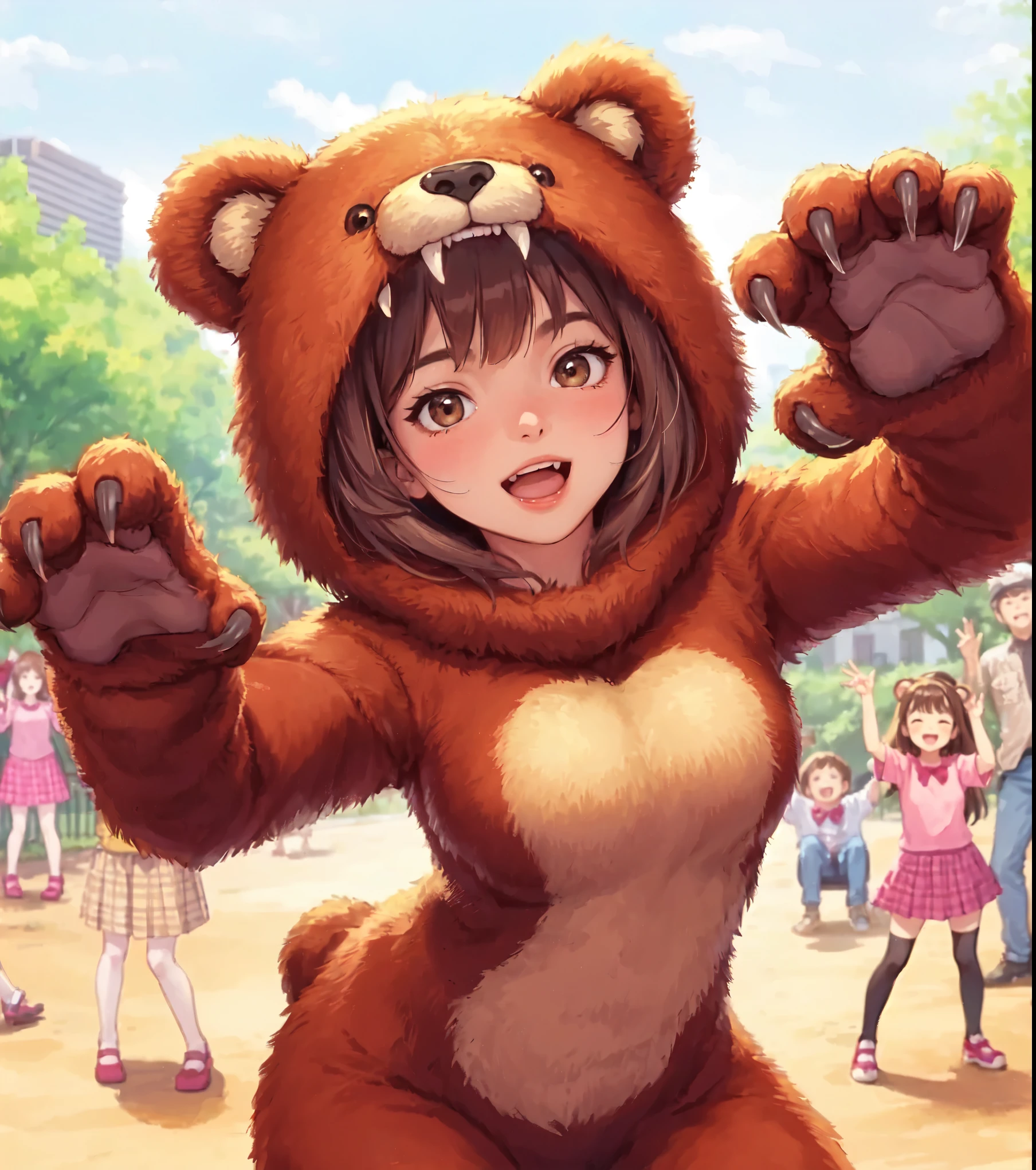 1lady solo, (brown bear costume:1.1), (hands up) (arms wide open) (fingers curled like claws:1.1), (claw posing), (mature female:0.8), /(light brown hair/) bangs, blush kind smile, open mouth (teeth:0.8), (masterpiece best quality:1.2) delicate illustration ultra-detailed, large breasts BREAK (ordinary urban park) outdoors, noon, audience, trees, detailed background