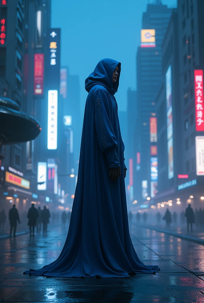 A blue hooded man standing on the streets at night in future