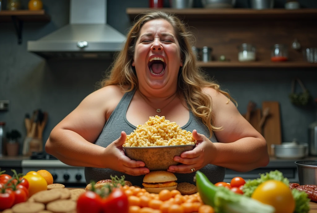 Heaps of food in both hands,fat muscular woman Eating battle contest,in kitchen stadium