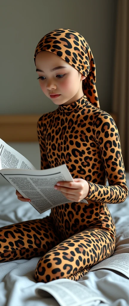 The most beautiful,thin,clever and most pretty Malaysian muslimah girl wears leopard print lycra turtleneck unitard catsuit covered with spots.She always wear leopard print cotton dancewear stretchy square hijab covered with spots.She sits on the bed and reads a lot of newspapers.