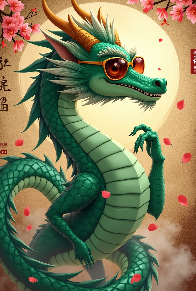 make a cute green dragon with ying and yang energy with sunglasses chinese calender