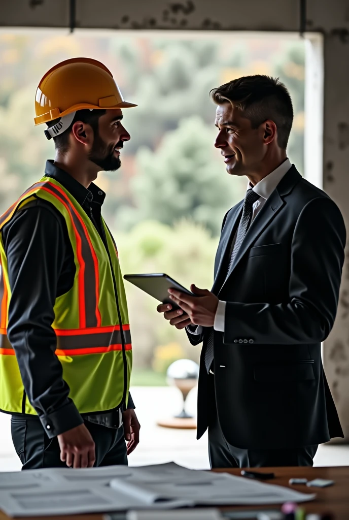 generate an image: two people standing in front of a table. The person on the left is wearing a high visibility vest with reflective strips and a safety helmet., suggesting that it may be on a construction site or in an industrial setting. This person is wearing a black suit and is holding a tablet.. They are involved in some kind of discussion or work, possibly reviewing plans or documents laid out on the table.