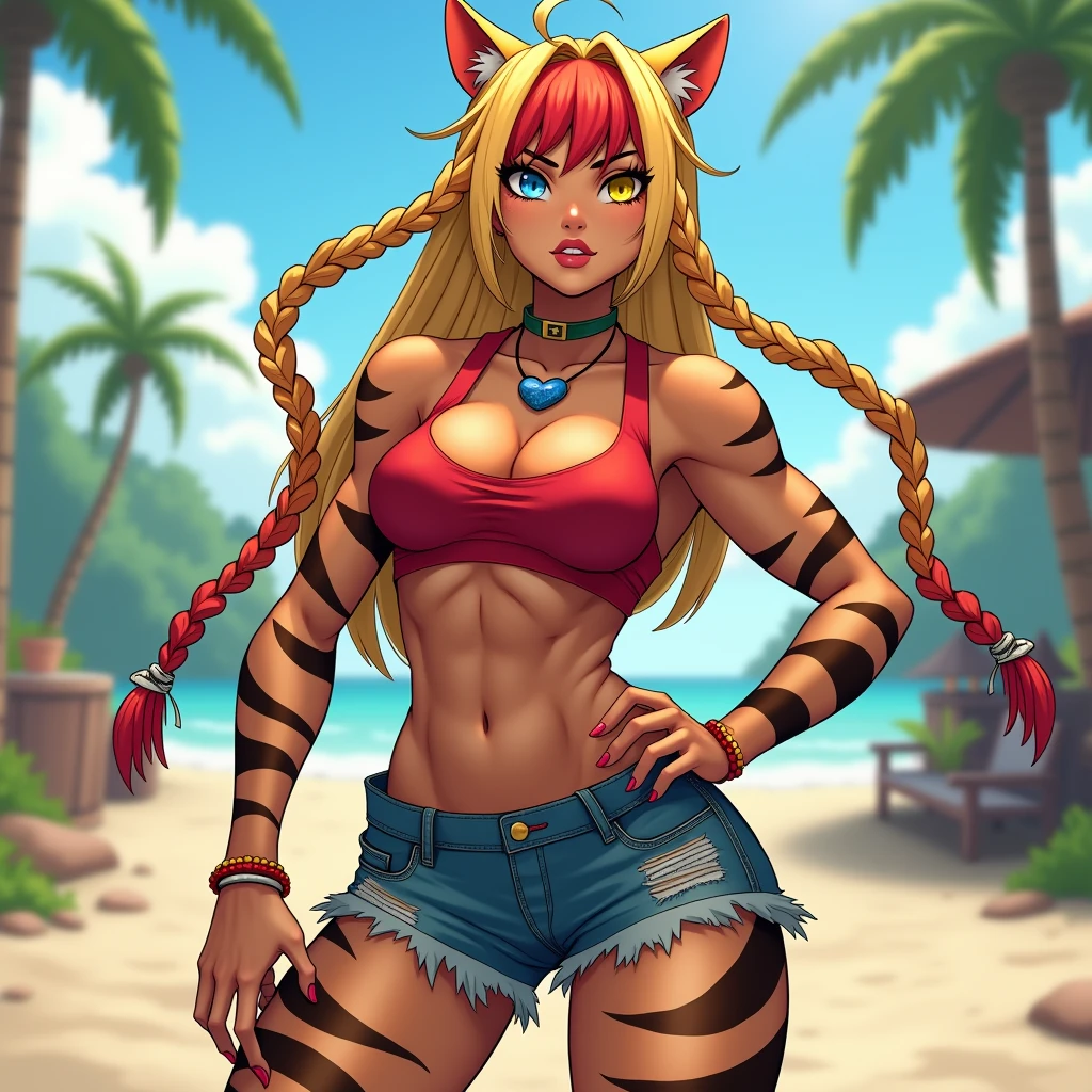 Heroine Very muscular woman body builder body of a professional fighter athletic great physical attributes brown skin with tanned tiger spots she has sun marks from her bra and thong panties in Vê, She is blonde with long hair with a single red fringe and has two long braids and cat ears., It has eyes of two different colors, the left one is pool blue and has a pool blue sclera, the right one is yellow and has a yellow sclera, both eyes have a cat's pupil, has black claws on its nails, she has a heart collar around her neck, She is wearing very typical Brazilian clothing, a red women's tank top, denim shorts and flip-flops.. Art style Vtuber 2.5D. Japanese anime art
