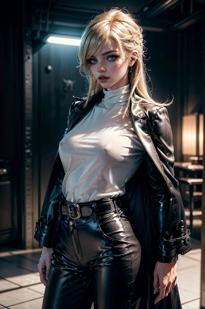 cowboy shot,a pretty 2 girl,blond hair,blue eyes,lora_Emma,slim athletic body,tight and stretched white blouse with buttons,button gap,short sleeves,ultra low rise black shiny latex pants,(double metal belt),empty studiobackground,((black coat on shoulders)),(best quality,4k,8k,highres,masterpiece:1.2),ultra-detailed,(realistic,photorealistic,photo-realistic:1.37),dramatic lighting,cinematic,fashion photography,studio lighting,high contrast,vivid colors,beautiful detailed eyes,beautiful detailed lips,extremely detailed eyes and face,long eyelashes, touching hair