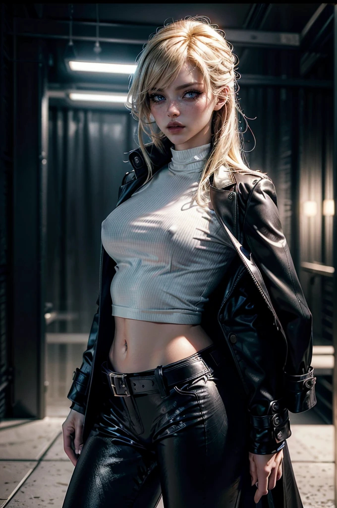 cowboy shot,a pretty 2 girl,blond hair,blue eyes,lora_Emma,slim athletic body,tight and stretched white blouse with buttons,button gap,short sleeves,ultra low rise black shiny latex pants,(double metal belt),empty studiobackground,((black coat on shoulders)),(best quality,4k,8k,highres,masterpiece:1.2),ultra-detailed,(realistic,photorealistic,photo-realistic:1.37),dramatic lighting,cinematic,fashion photography,studio lighting,high contrast,vivid colors,beautiful detailed eyes,beautiful detailed lips,extremely detailed eyes and face,long eyelashes, touching hair