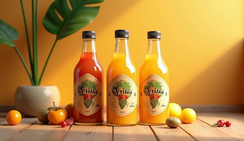 Modélise moi une image 3d de trois bouteilles de jus et quelques fruits posé au pied des bouteilles, avec le nom Afrika Jus inscrit sur les étiquettes collé sur les bouteilles, dans un jolie décor.