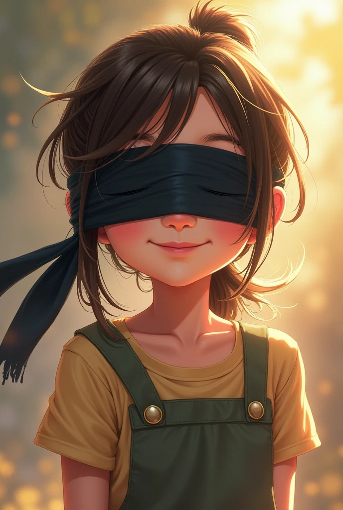 Generate image of girl having ponytail hairstyle , tying black scarf on her eyes, smiling