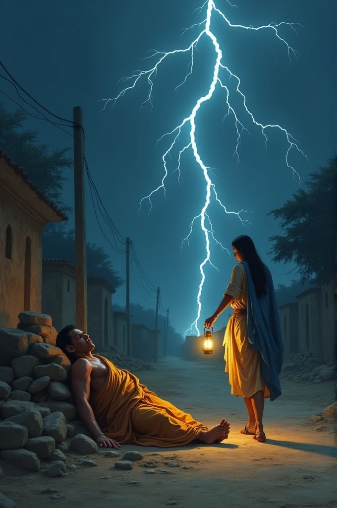 Upagupta ,the disciple of Buddha wearing sage clothes, is lying on the side of dusty road of Mathura without any pillow or any other amenities in 3rd Century BC at a stormy night and a young woman falls over sleeping Upagupta who has his eyes open.She is dressed in blue mantle and is having young body and wearing anklets and has a old kerosene lamp in her hand.They both are alone and a lightning is struck at that time.