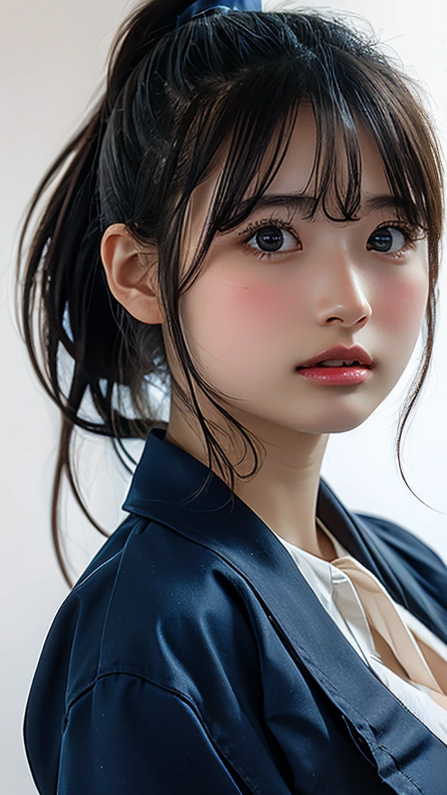(Highest quality、Tabletop、、Best image quality、Award-winning works)、e schWhite polyester collared shirt、Short sleeve:1.4)、(Navy Pleated Skirt:1.1)、Portrait of、Glowing Skin、Brown Hair、Are standing、Sculpture Pose、(The simplest pure white background:1.1)、(Extremely large face and larger breasts:1.8)、Accentuate your body lines:1.1)、Very large red ribbon tie、((High point ponytail:1.35))、smile、((naked))