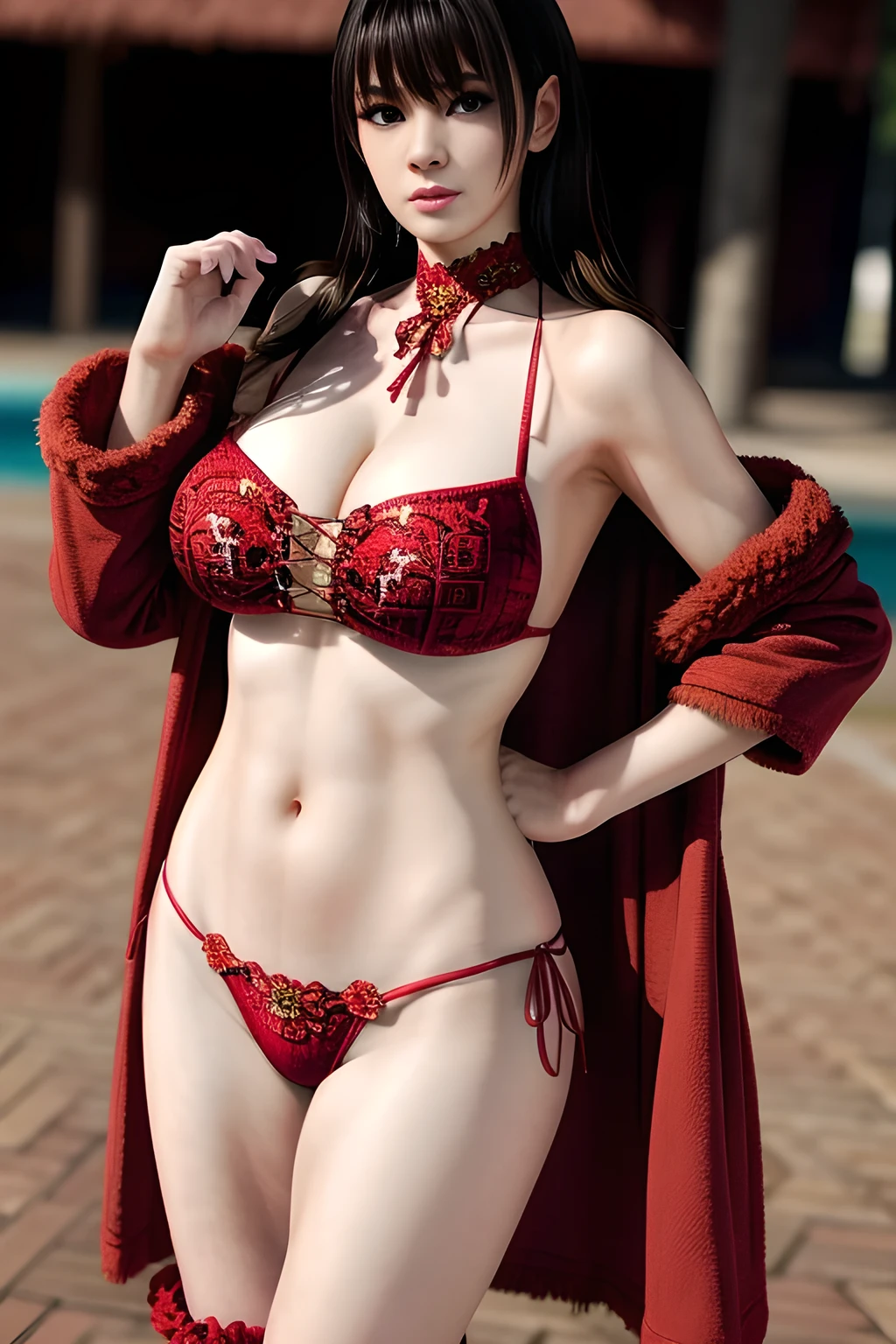 1girl ,BREAK (Red theme: 1.3),Tube Top,bikini,( Fur robe:1.1),(embroidery:1.1),,, (best quality,8k,highres,masterpiece:1.2),ultra-detailed,(realistic,photorealistic,photo-realistic:1.37),studio lighting,ultra-fine painting,sharp focus,physically-based rendering,extreme detail description,professional,vivid colors,,huge breasts,Nanami