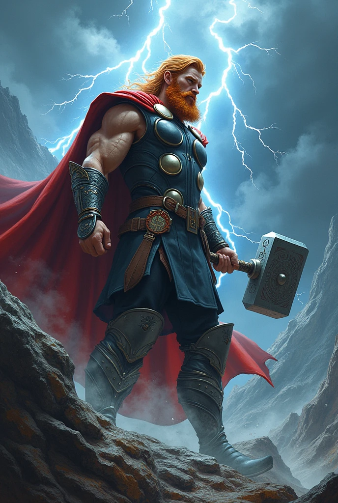 A man from norse mythology named thor with red hair and red beard with a hammer in his hand, thunder cracking and mountain at the background, fought midgard serpent