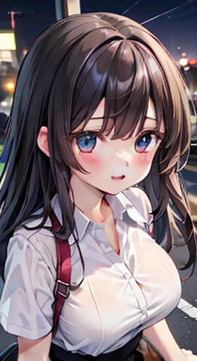 ((masterpiece, Highest quality, High resolution, 超High resolution, Pixel Perfect, Depth of written boundary, 4K, RTTX 10.0, Human Development Report))), 1 girl, single, alone, Sexy Anime, Beautiful art style, Anime characters,View the whole body, ((Long Hair, bangs, Brown Hair)), ((blue eyes:1.4, Round eyes, Beautiful eyelashes, Realな目)), ((Detailed face, blush:1.2)), ((Smooth texture:0.75, Real质感:0.65, Real:1.1, Anime CG style)), Large Breasts, Dynamic Angle, Perfect body, ((Portraiture, throw)), ((White shirt, Black Skirt, Checked skirt, black tights)),A satisfied smile, Unbutton your shirt with both hands,(The wind blew through her skirt.,Unbutton your shirt with both hands,Expose your breasts),Inside the Ferris wheel at night