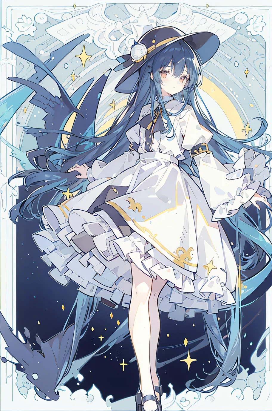 oung Girls,Humanity,A magician always smiles,big witch hat,cute,dark blue long hair,The eyes are dull,The bangs are heavy,Thin eyebrows,fantasy,intake,Double teeth,Star Theme,Constellation pattern,Solid color clothetal decoration,cloak,A bit of a dark atmosphere,A little crazy smile,When the big moon shines outside at night,blood,Hair black star embellishment,Short tie,No nails,High waist skirt,Bell sleeves,Long-sleeved shirt,Black tie,low risk,gentlemen。Mist、Yellow and white effect，Shocking pink as an accent color