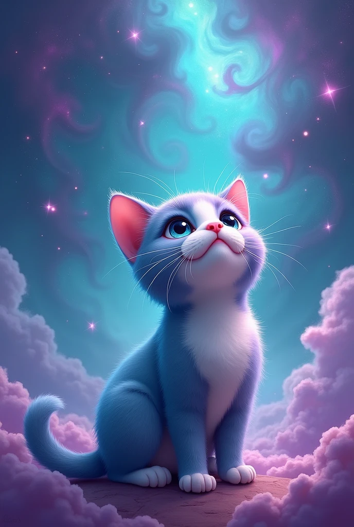 create a cute cat, It has turquoise and purple color, hiper realisitic, He is looking up, he is in front, he is in front olhando para o céu, he has a pink nose, realisitic, super realisitic, the background is a turquoise galaxy with purple, expanded background