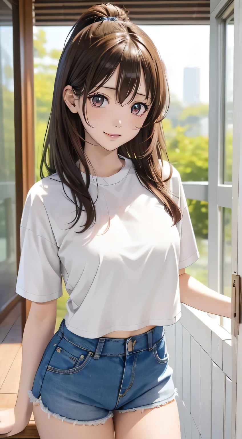 The upper body of a young woman is displayed on the screen of a smartphone。young woman with long dark hair, (Ample breasts). He is wearing a short-sleeved white T-shirt and denim shorts,