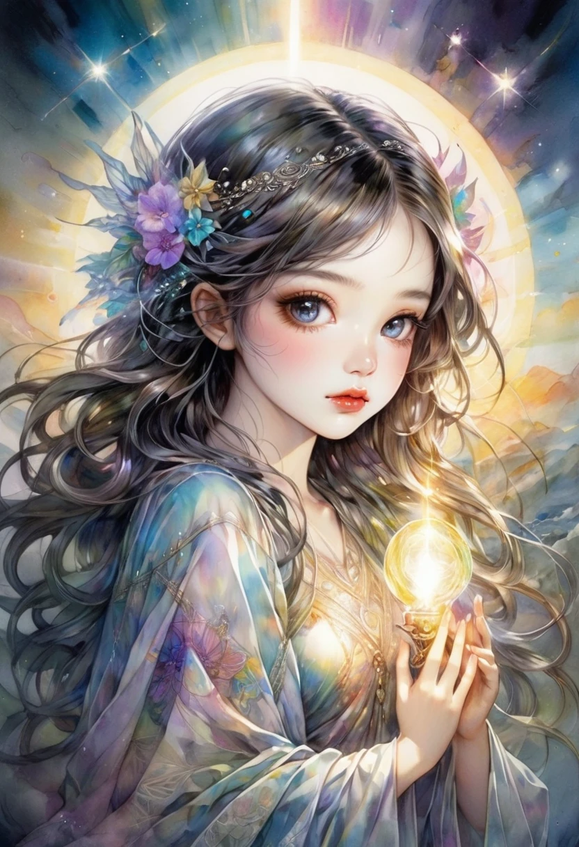 An awe-inspiring watercolor and ink masterpiece inspiring by Jasmine Becket-Griffith, featuring an enchanting, ethereal charming woman radiating celestial energy and holding a radiant light in her hands. Extraordinarily well detailed, serene and caring face. The artwork is alive with pastel hues, rainbow colors, and a double exposure effect, creating a mesmerizing interplay of light and shadow. Golden rays emanate from the central radiant light, casting a soft glow and a mysterious aura around the subject. Drawing inspiration from the styles of Yoji Shinkawa and Greg Rutkowski, this piece showcases delicate brushstrokes, vivid light effects, and an intricate interplay of dark fantasy elements. The HDR 8K, SSAO, and high-definition rendering enhance the vibrant colors and intricate details, making this illustration truly out of this world, fashionable, and immersive.